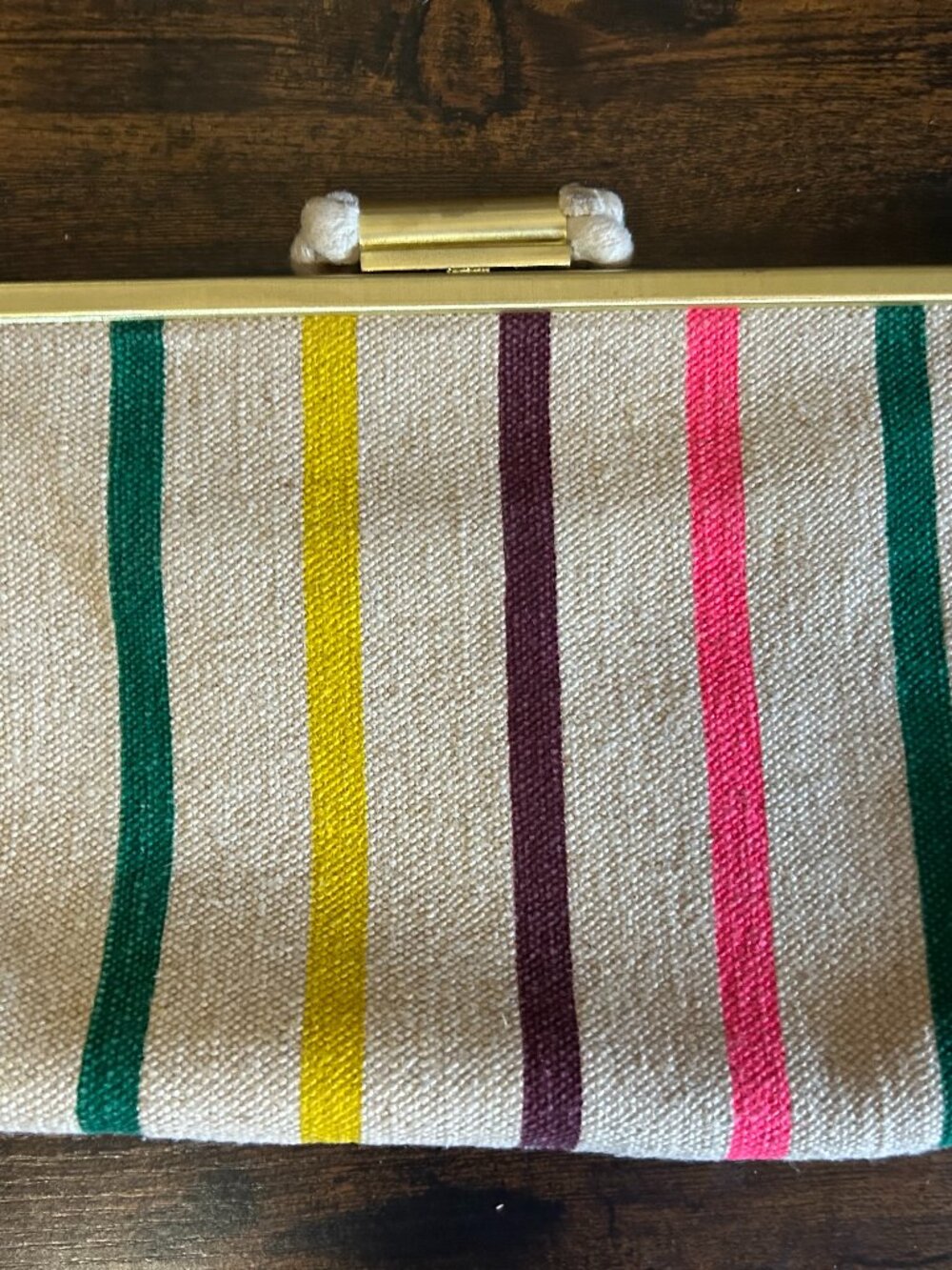 J.Crew Striped Frame Clutch Multicolor Linen Jute Canvas Gold Purse